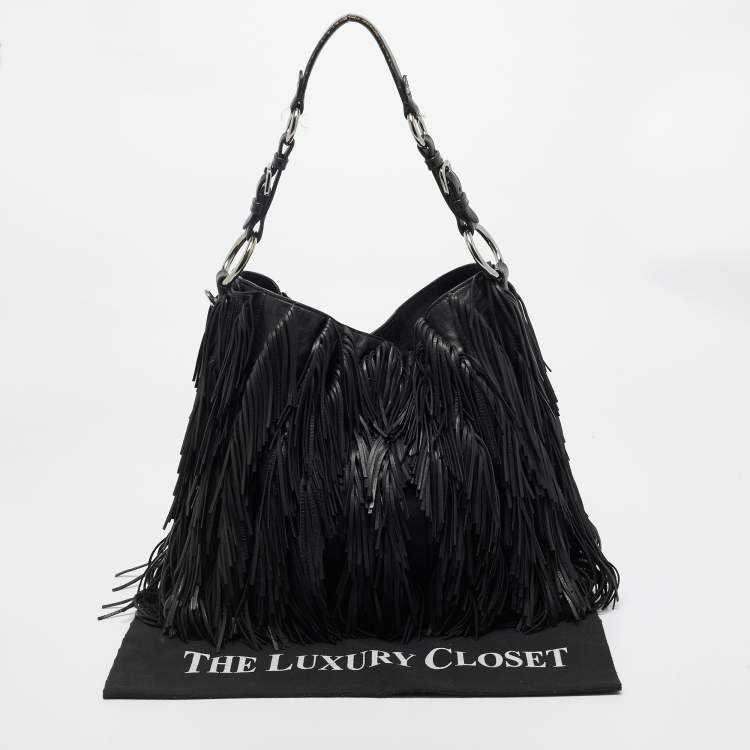 Pre Owned Prada Black Leather Fringe Hobo 