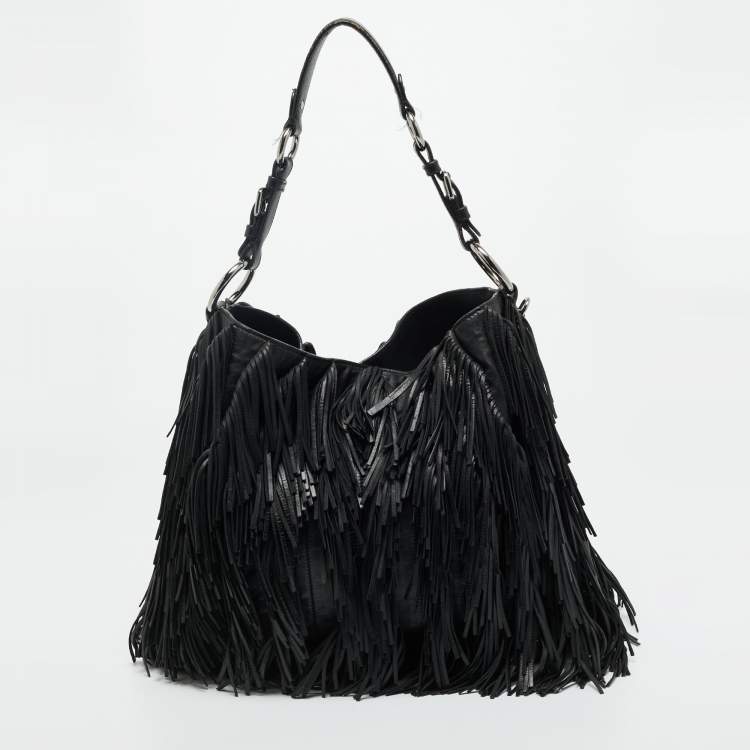 Pre Owned Prada Black Leather Fringe Hobo 