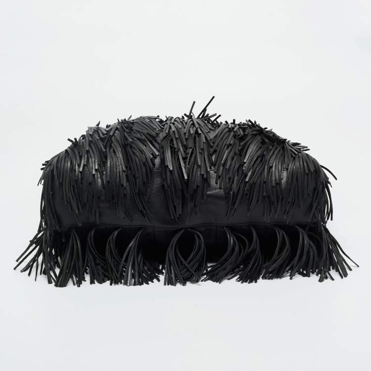 Pre Owned Prada Black Leather Fringe Hobo 