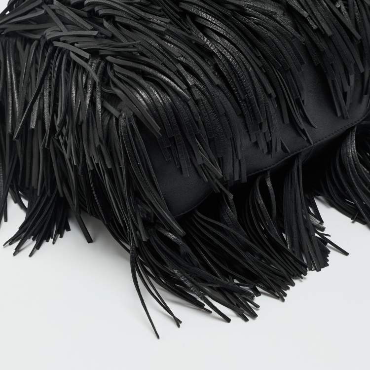 Pre Owned Prada Black Leather Fringe Hobo 