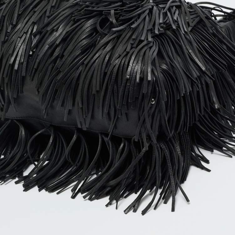 Pre Owned Prada Black Leather Fringe Hobo 