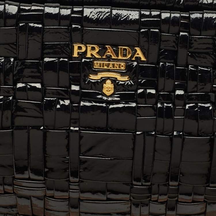 Pre Owned Prada Black Patent Leather Woven Slim Clutch