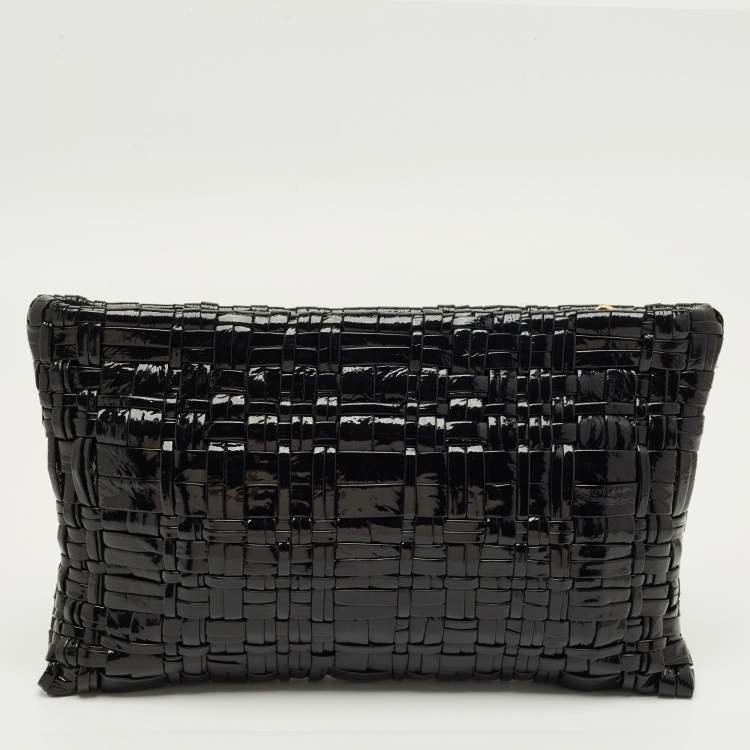 Pre Owned Prada Black Patent Leather Woven Slim Clutch