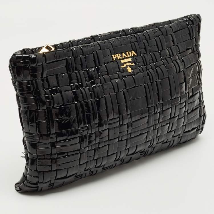Pre Owned Prada Black Patent Leather Woven Slim Clutch