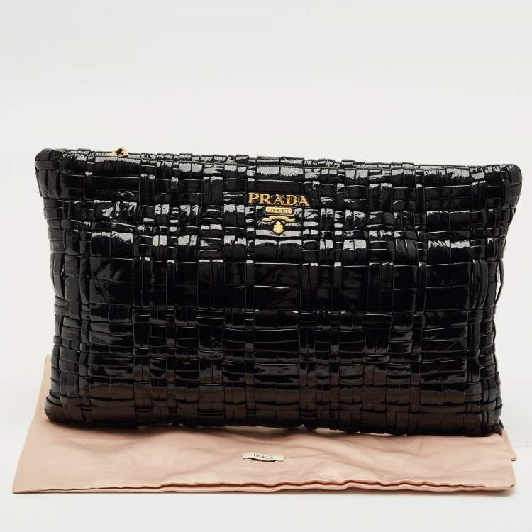 Pre Owned Prada Black Patent Leather Woven Slim Clutch