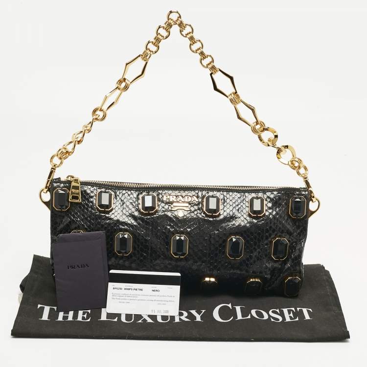 Pre Owned Prada Black Snakeskin Pietre Crystals Embellished Chain Clutch