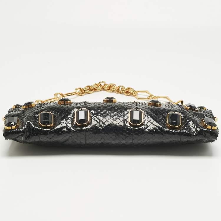 Pre Owned Prada Black Snakeskin Pietre Crystals Embellished Chain Clutch