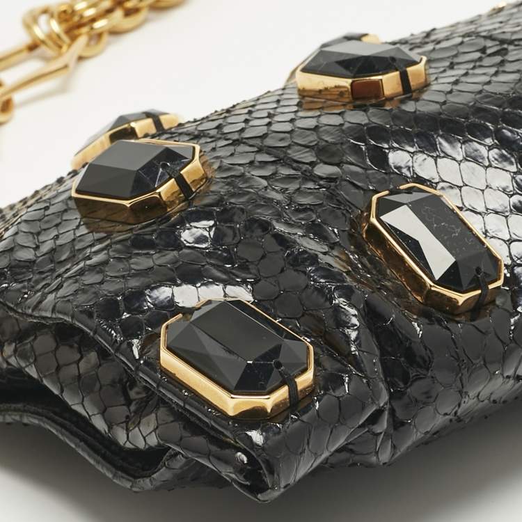 Pre Owned Prada Black Snakeskin Pietre Crystals Embellished Chain Clutch