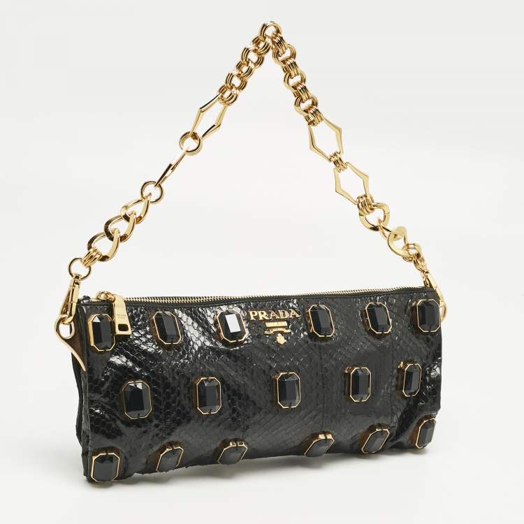 Pre Owned Prada Black Snakeskin Pietre Crystals Embellished Chain Clutch