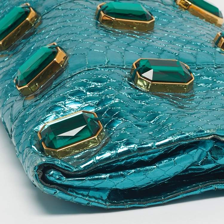 Pre Owned Prada Metallic Teal Snakeskin Whips Pietre Clutch