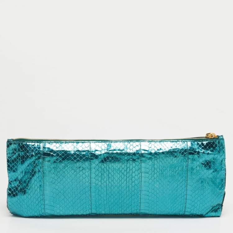 Pre Owned Prada Metallic Teal Snakeskin Whips Pietre Clutch
