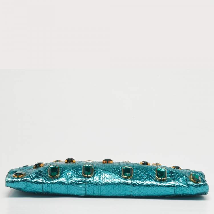 Pre Owned Prada Metallic Teal Snakeskin Whips Pietre Clutch