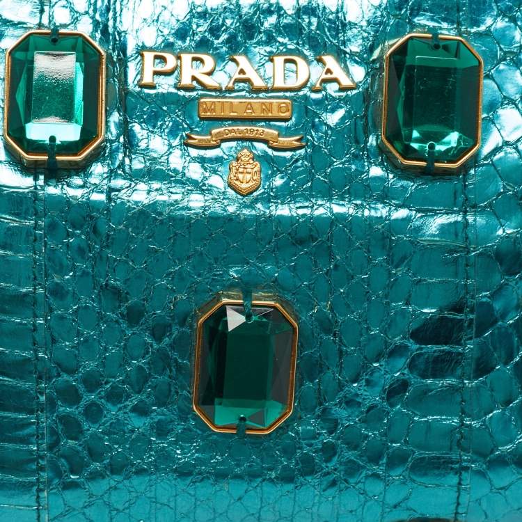 Pre Owned Prada Metallic Teal Snakeskin Whips Pietre Clutch