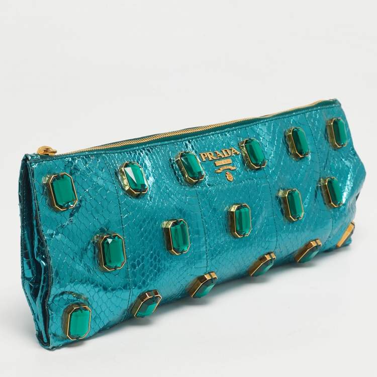 Pre Owned Prada Metallic Teal Snakeskin Whips Pietre Clutch