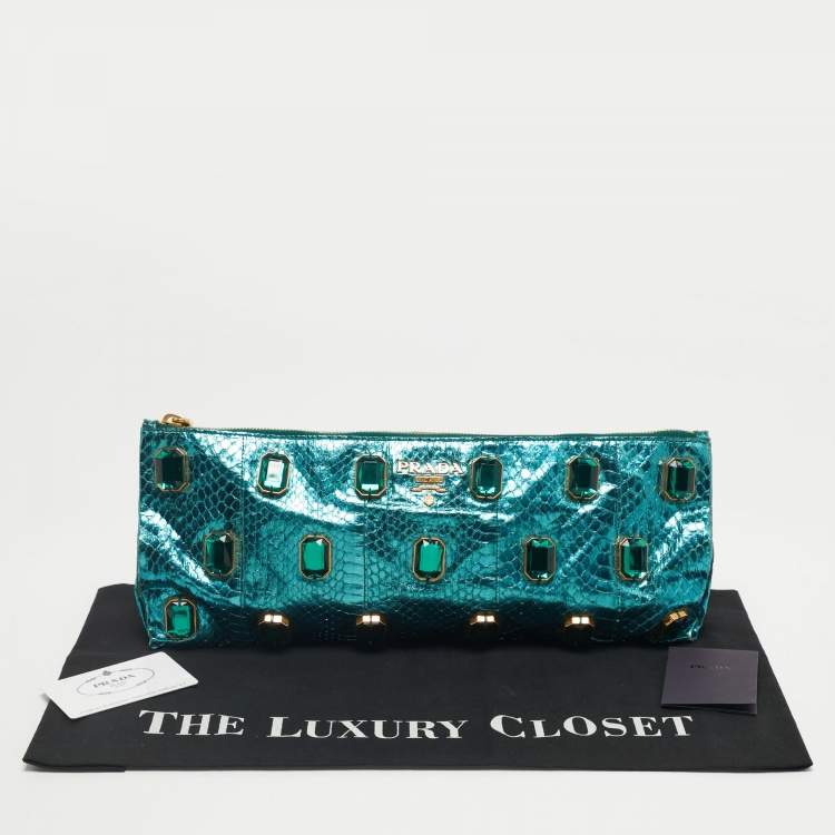 Pre Owned Prada Metallic Teal Snakeskin Whips Pietre Clutch