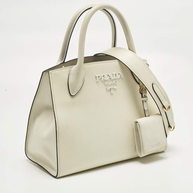 Pre Owned Prada Cream Soffiano Cuir Leather Small Monochrome Tote