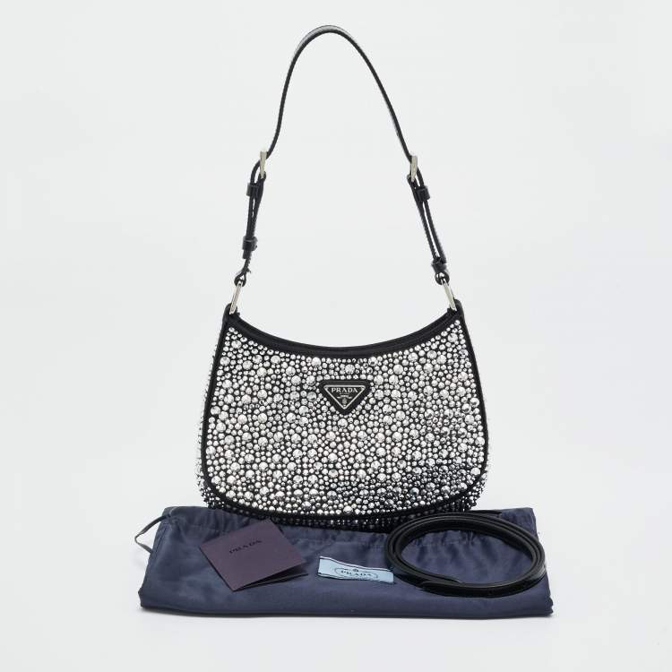 Pre Owned Prada Black Satin Cleo Crystals Hobo