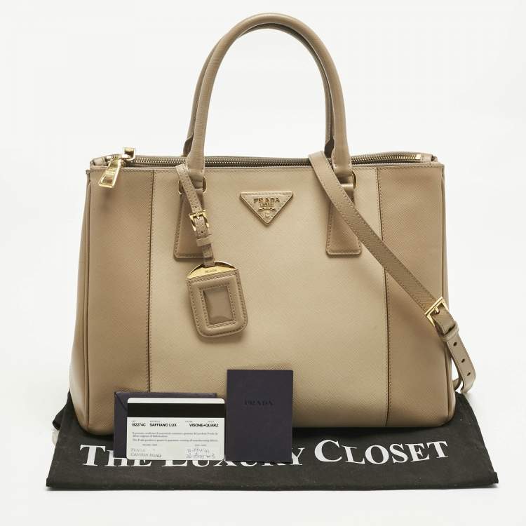 Pre Owned Prada Two Tone Beige Saffino Leather Medium Double Zip Tote