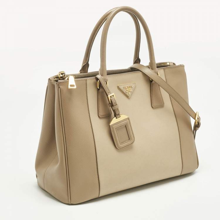 Pre Owned Prada Two Tone Beige Saffino Leather Medium Double Zip Tote