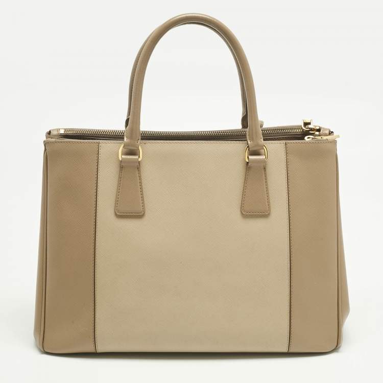 Pre Owned Prada Two Tone Beige Saffino Leather Medium Double Zip Tote