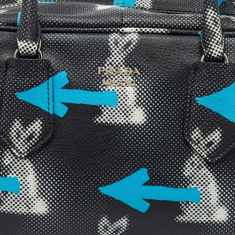 Pre Owned Prada Black Vitello Daino Leather Rabbit Print Inside Satchel