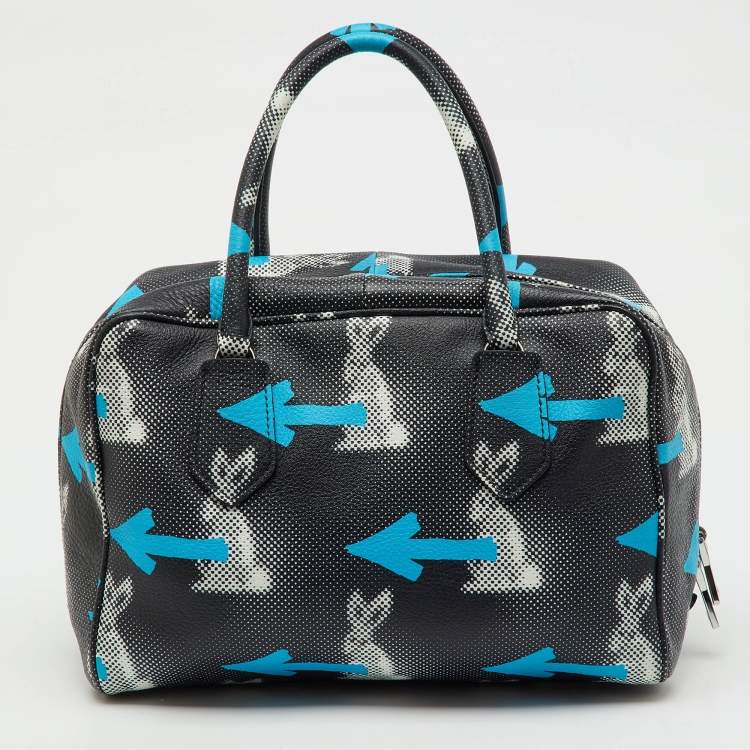 Pre Owned Prada Black Vitello Daino Leather Rabbit Print Inside Satchel