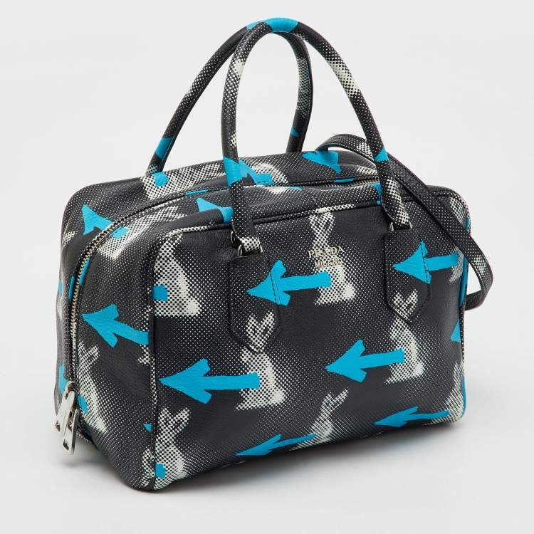 Pre Owned Prada Black Vitello Daino Leather Rabbit Print Inside Satchel