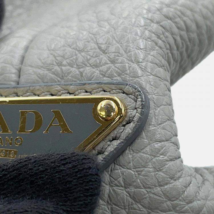 Pre Owned Prada Punching Logo Tote Bag Gray Leather Size Small