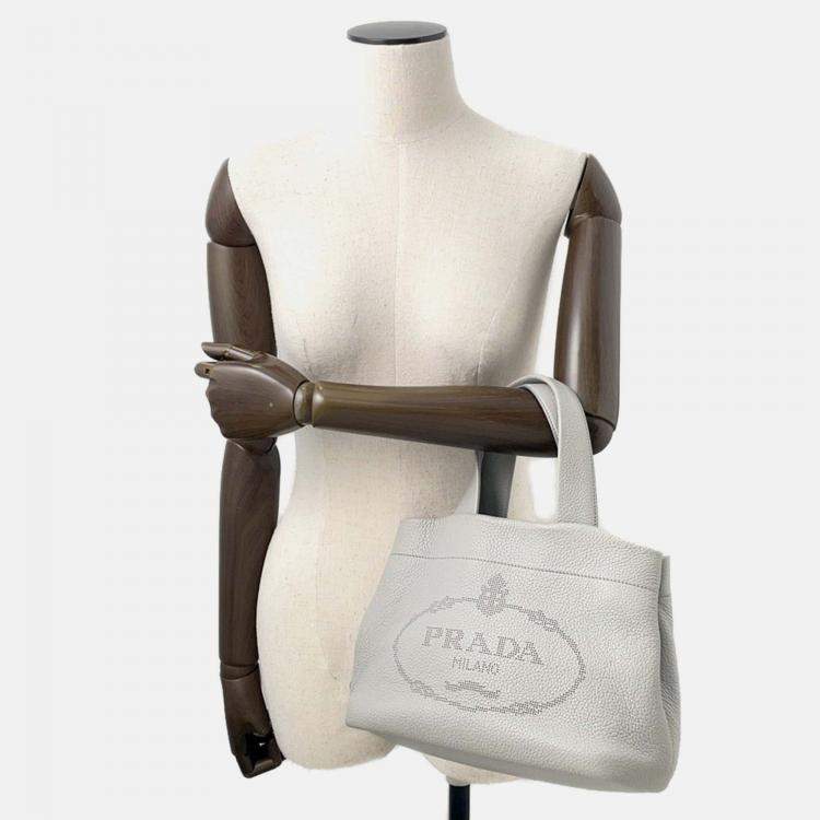 Pre Owned Prada Punching Logo Tote Bag Gray Leather Size Small
