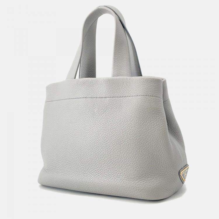 Pre Owned Prada Punching Logo Tote Bag Gray Leather Size Small