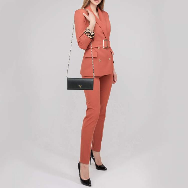 Pre Owned Prada Black Saffiano Metal Leather Logo Wallet On Chain