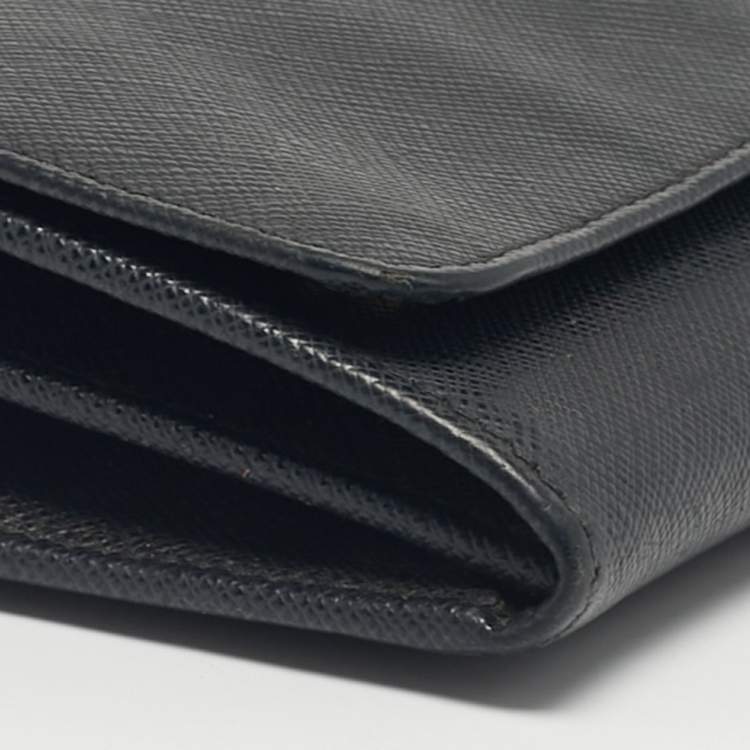 Pre Owned Prada Black Saffiano Metal Leather Logo Wallet On Chain