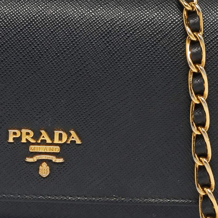 Pre Owned Prada Black Saffiano Metal Leather Logo Wallet On Chain