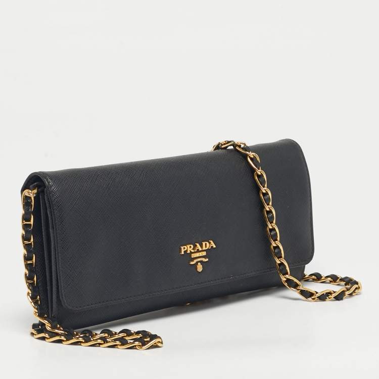 Pre Owned Prada Black Saffiano Metal Leather Logo Wallet On Chain