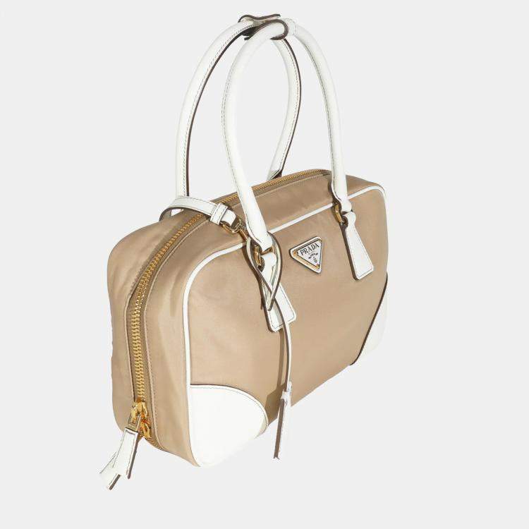 Pre Owned Prada Beige White Re-Nylon Saffiano Medium Re-Edition 1978