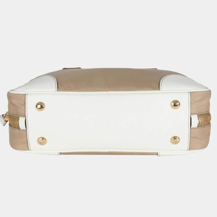 Pre Owned Prada Beige White Re-Nylon Saffiano Medium Re-Edition 1978