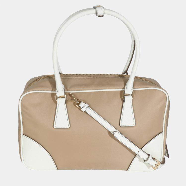 Pre Owned Prada Beige White Re-Nylon Saffiano Medium Re-Edition 1978