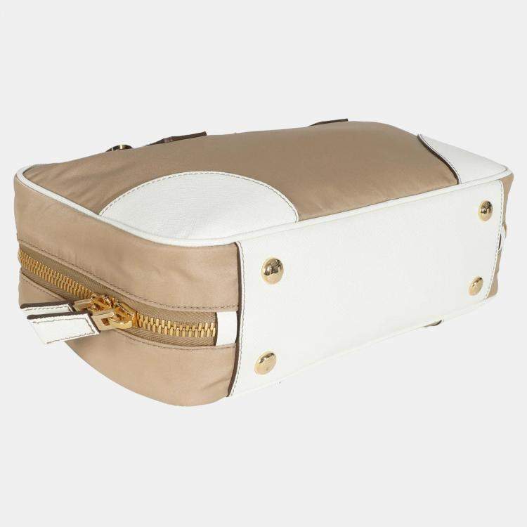 Pre Owned Prada Beige White Re-Nylon Saffiano Medium Re-Edition 1978