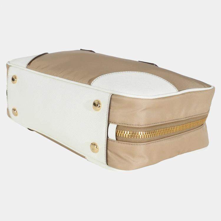 Pre Owned Prada Beige White Re-Nylon Saffiano Medium Re-Edition 1978