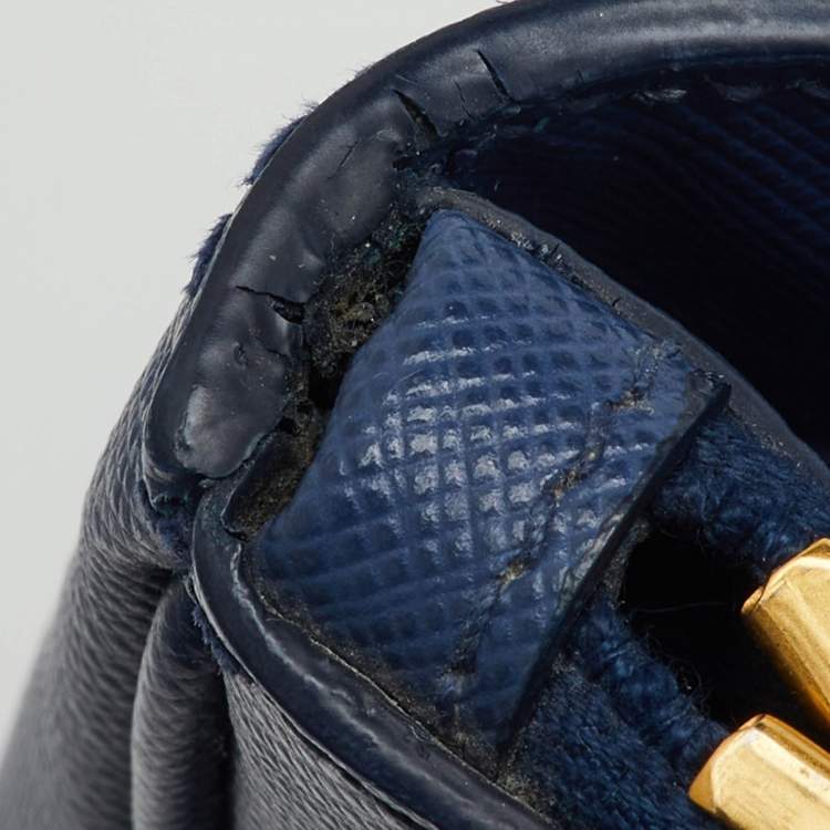 Pre Owned Prada Navy Blue Saffiano Lux Leather Medium Galleria Double Zip Tote