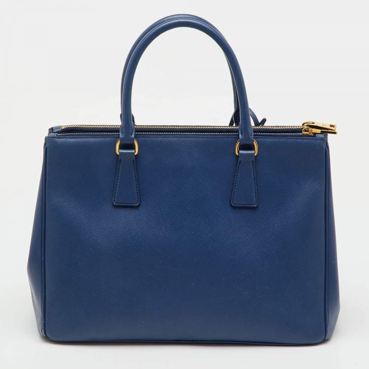 Pre Owned Prada Navy Blue Saffiano Lux Leather Medium Galleria Double Zip Tote