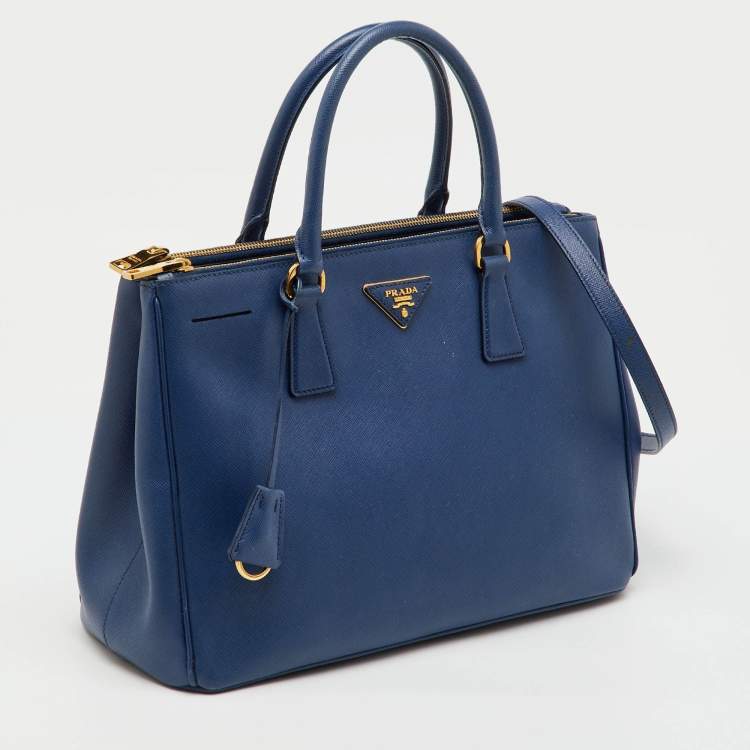 Pre Owned Prada Navy Blue Saffiano Lux Leather Medium Galleria Double Zip Tote