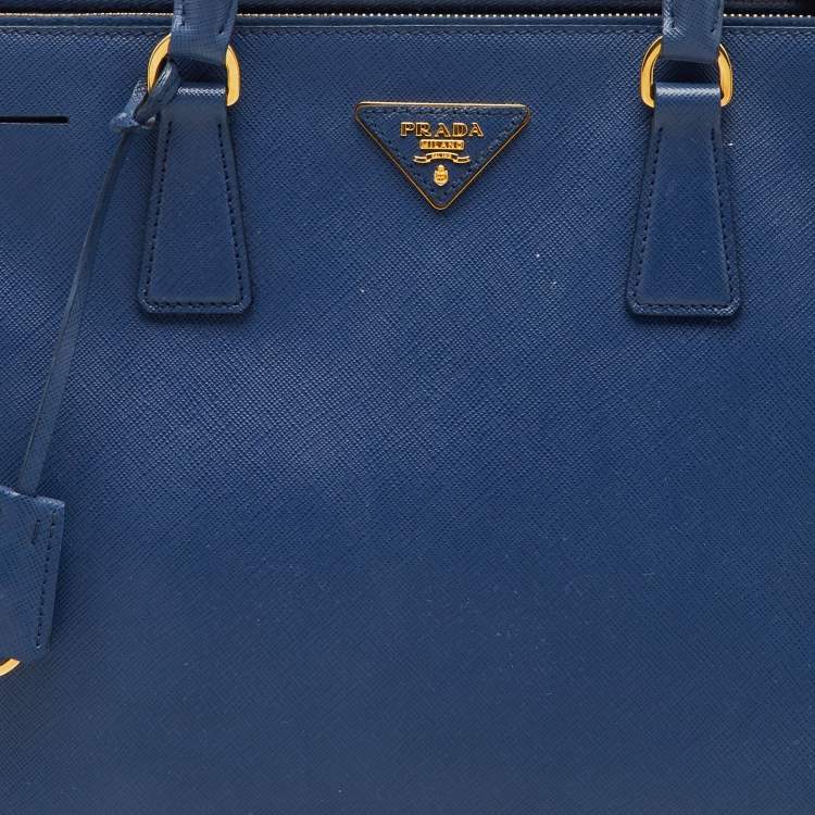 Pre Owned Prada Navy Blue Saffiano Lux Leather Medium Galleria Double Zip Tote