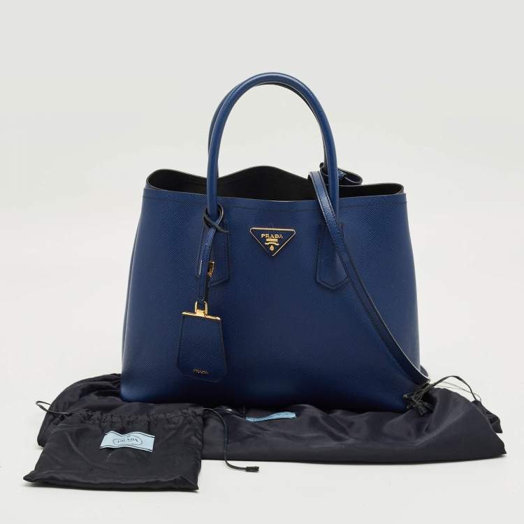 Pre Owned Prada Navy Blue Saffiano Cuir Leather Medium Double Handle Tote