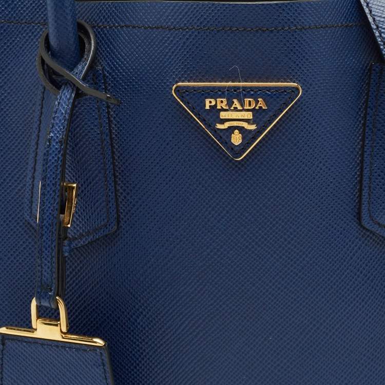 Pre Owned Prada Navy Blue Saffiano Cuir Leather Medium Double Handle Tote