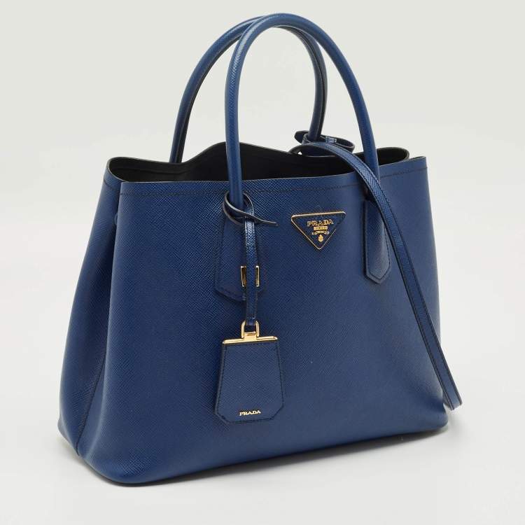 Pre Owned Prada Navy Blue Saffiano Cuir Leather Medium Double Handle Tote