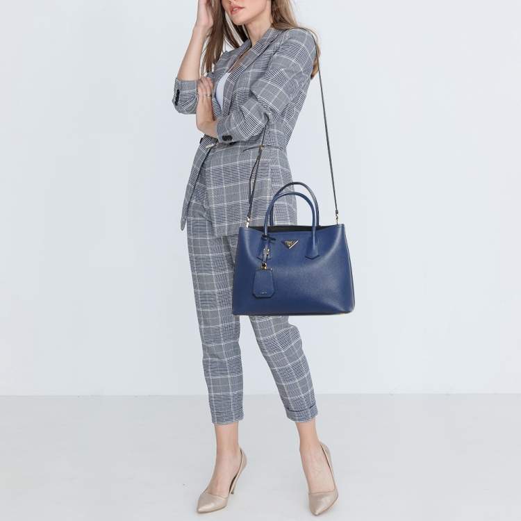 Pre Owned Prada Navy Blue Saffiano Cuir Leather Medium Double Handle Tote