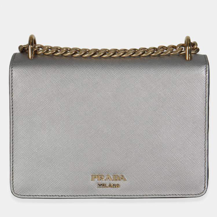 Pre Owned Prada Silver Saffiano Soft Calfskin Metal Triangle Logo Envelope Chain Bag
