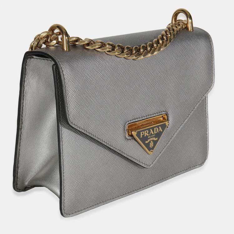 Pre Owned Prada Silver Saffiano Soft Calfskin Metal Triangle Logo Envelope Chain Bag