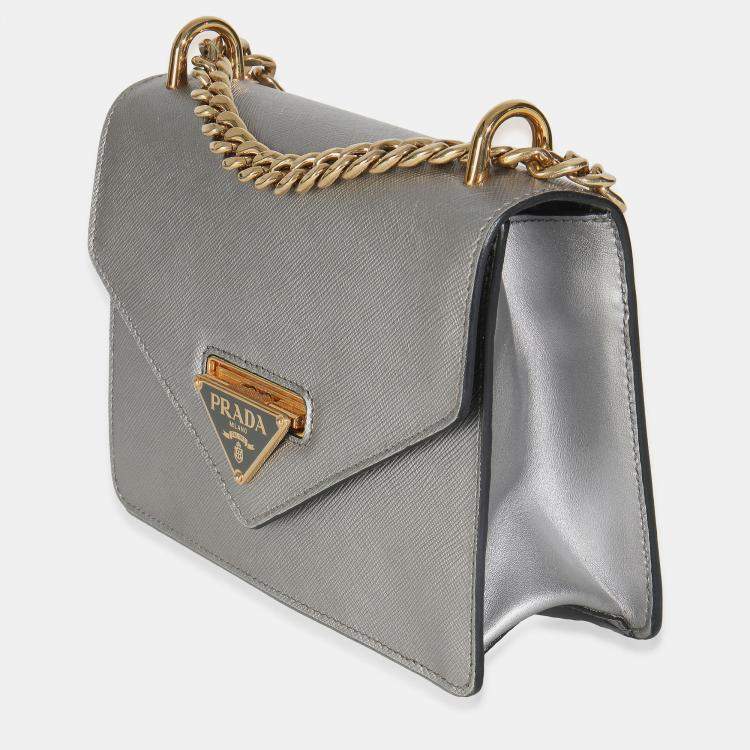 Pre Owned Prada Silver Saffiano Soft Calfskin Metal Triangle Logo Envelope Chain Bag